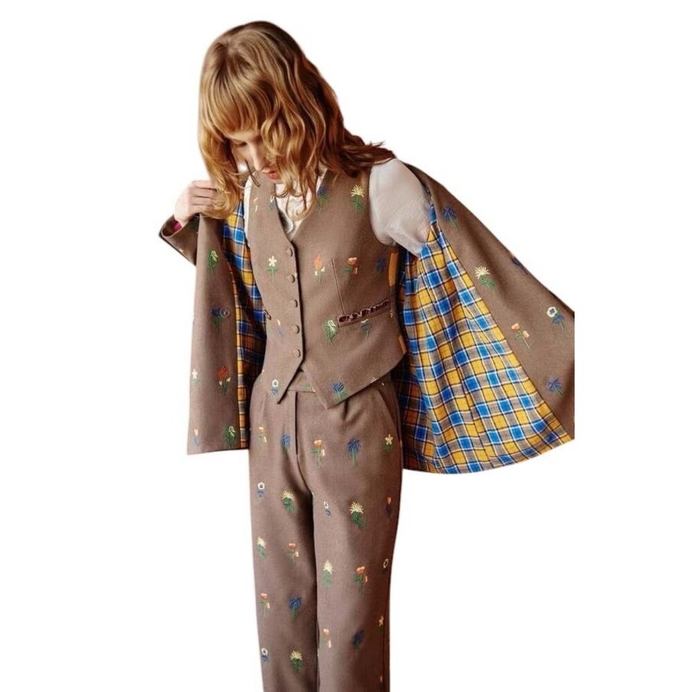 Free People NWT Celia B Chestnut Brown Embroidered Floral 3-Piece Suit $674 XL